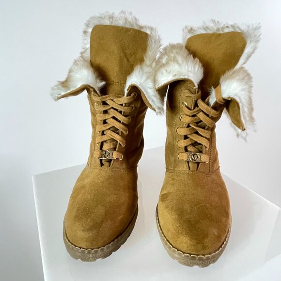 Cabincore | Michael Kors Faux Shearling Camel Lace-Up Bootie | Hygge Cozy Vibes - Picture 2 of 7